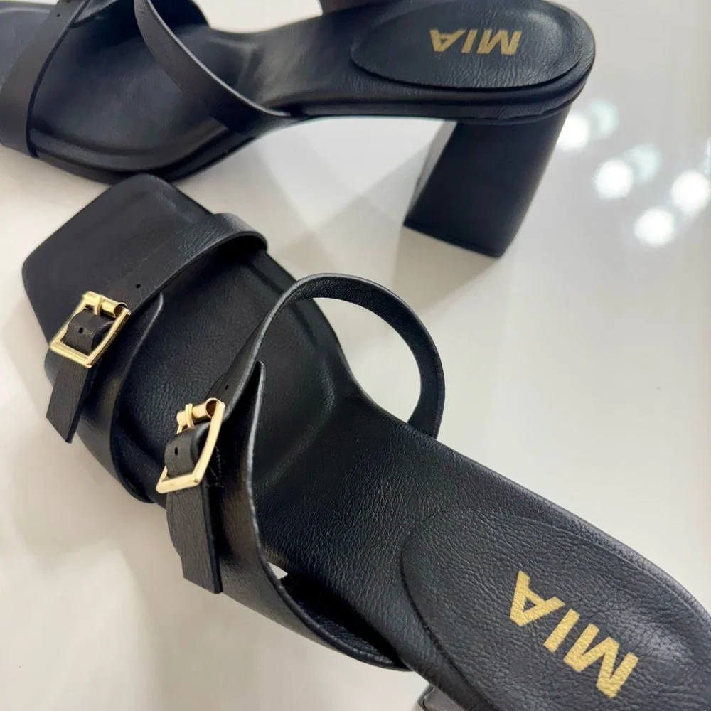 MIA Black Wedge Sandal with Gold Buckles